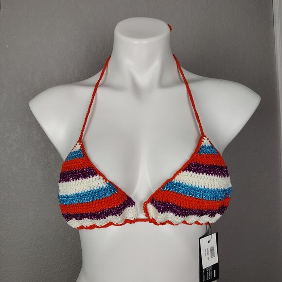 ROSE CARMINE Metallic Crochet-Knit Cotton Stripe Bikini Set Top M/L Bottoms 2 - Picture 2 of 16